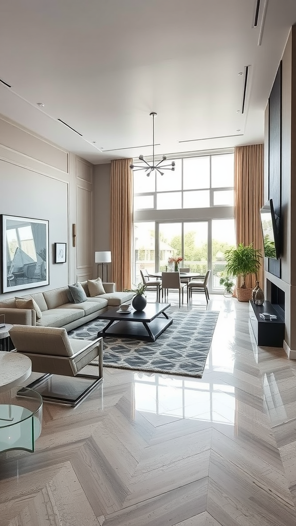 A modern living room with large windows, a cozy sofa, and a dining area, showcasing open space design with defined zones.