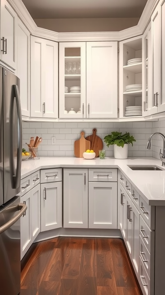 Modern kitchen with white corner cabinets and stainless steel appliances