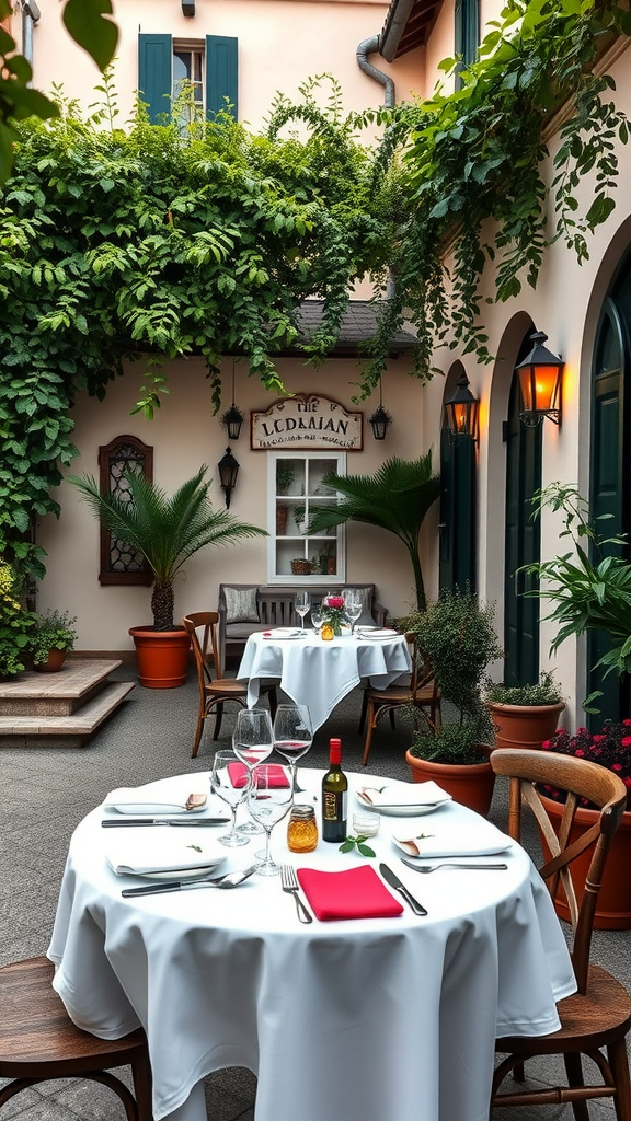 Outdoor patio dining setup with tables, greenery, and soft lighting