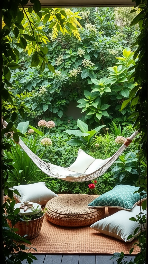 A cozy outdoor reading nook with a hammock and cushions surrounded by greenery.