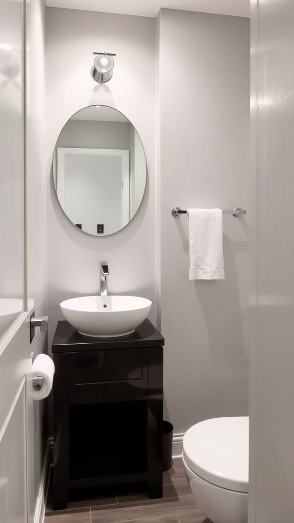 A modern bathroom featuring pale gray walls, a round mirror, and sleek fixtures.