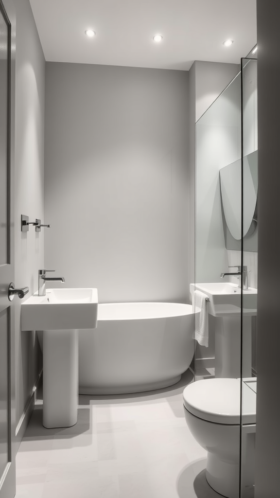 A modern bathroom featuring pale gray walls, a freestanding bathtub, and sleek fixtures.