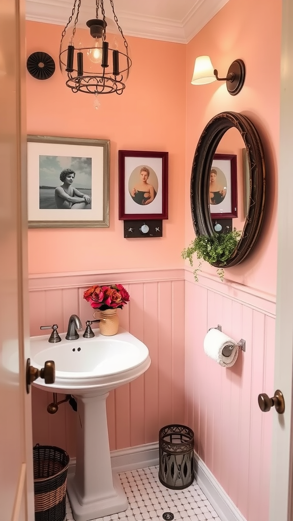 A cozy bathroom featuring pale peach walls, decorative mirrors, and a stylish sink.