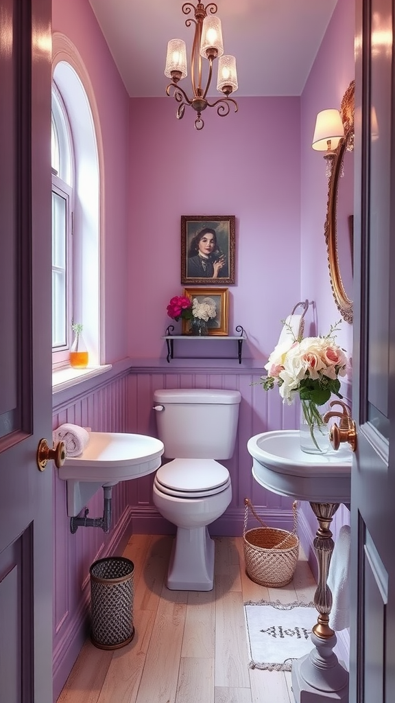 A cozy bathroom featuring pastel lavender walls, elegant decor, and soft lighting.