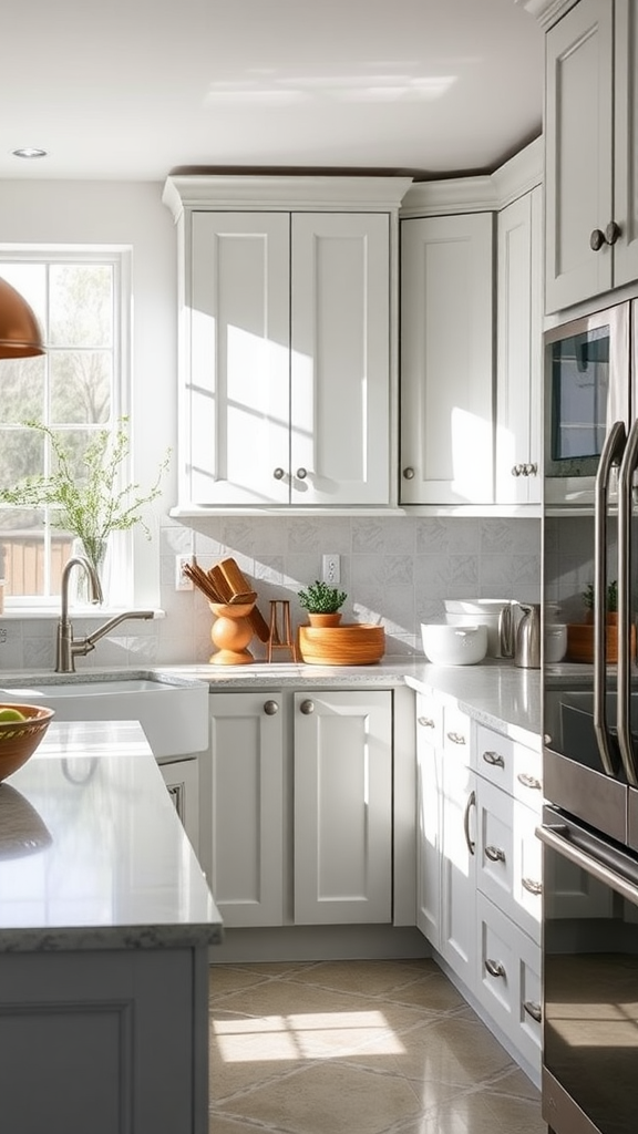 A bright and modern kitchen with white cabinets, a marble countertop, and natural decor.