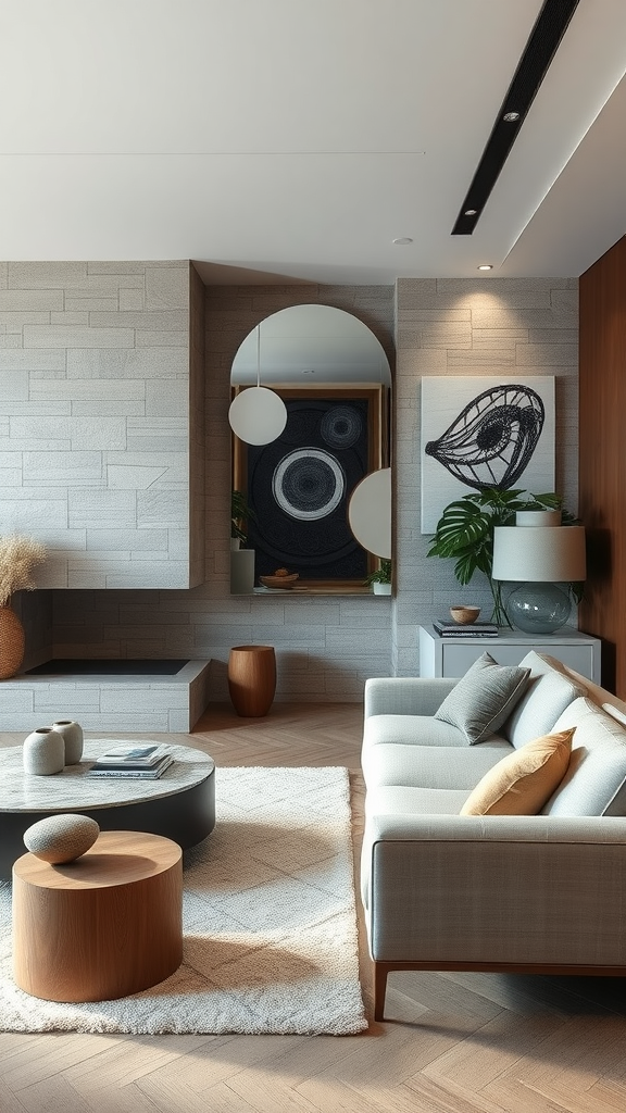 A modern living room with Pavestone walls, featuring a stylish couch and decorative elements.