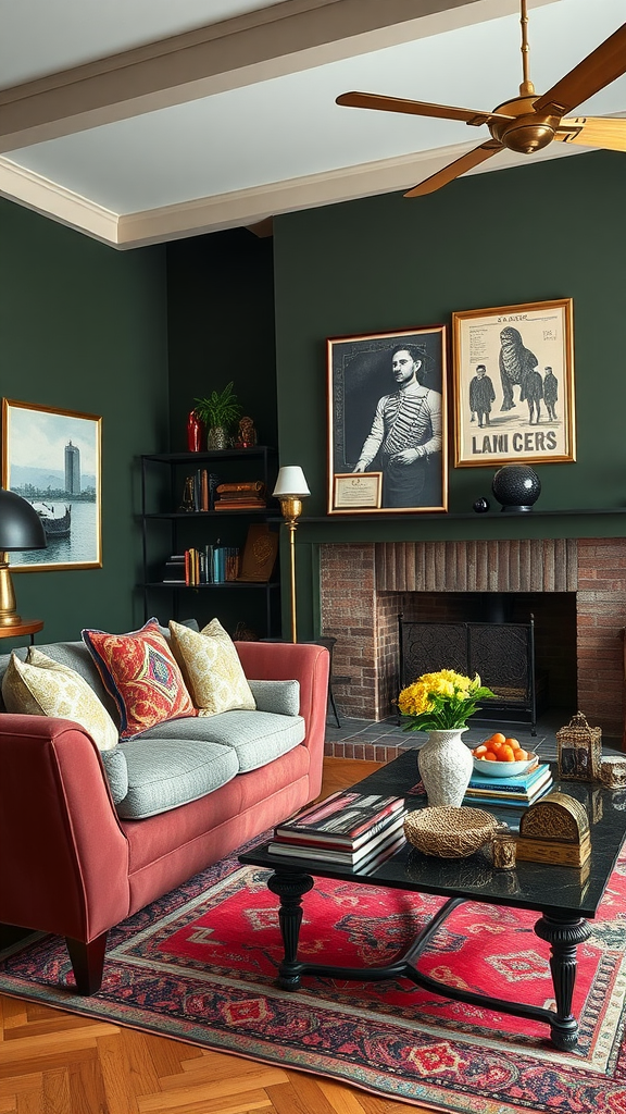 A cozy living room featuring a red sofa, colorful pillows, and a stylish coffee table.