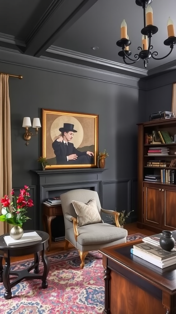 A stylish living room featuring a chandelier, bookshelves, and a portrait.