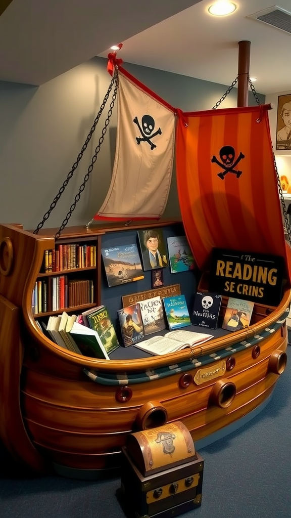 A pirate ship themed reading area with books and decorations.