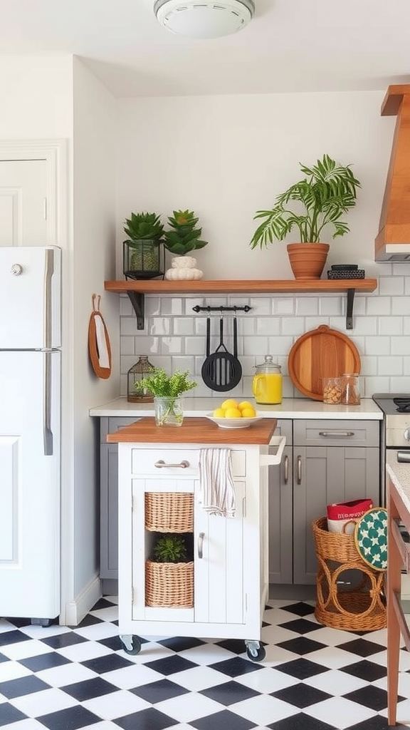 A cozy kitchen featuring a portable kitchen cart with plants, fruits, and decorative items.