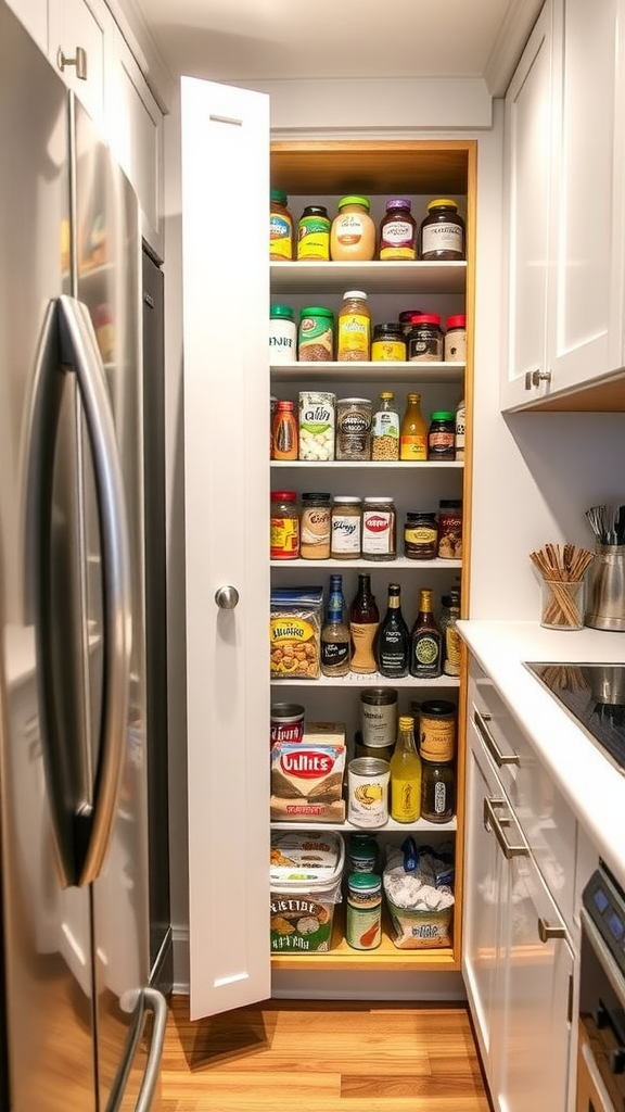 A well-organized pull-out pantry filled with various jars and containers.