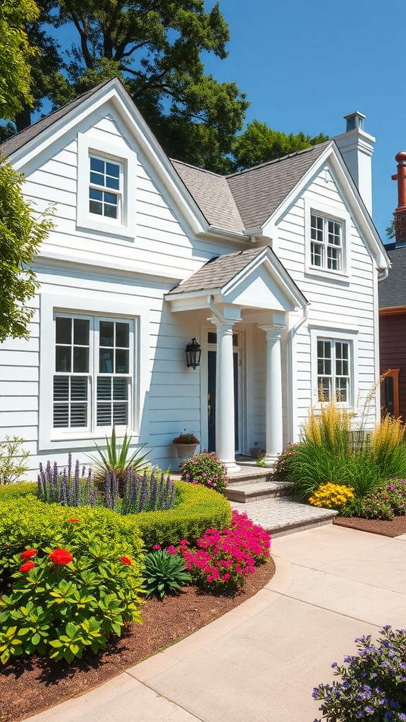 A charming white house with colorful flowers and greenery in the front yard.