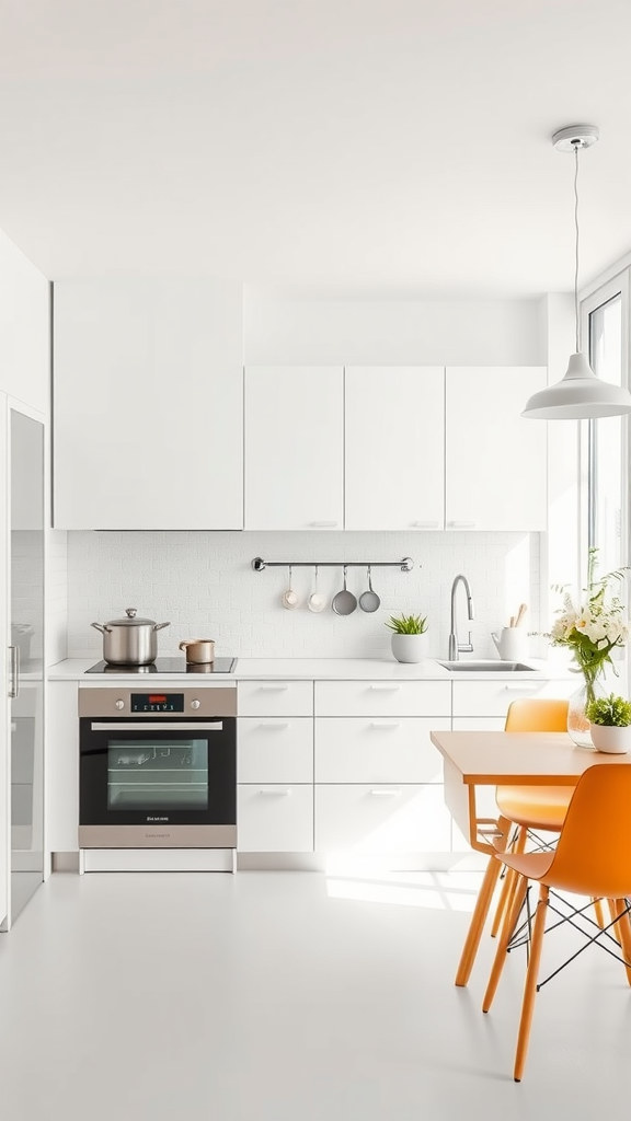 Modern kitchen with white cabinets and orange chairs