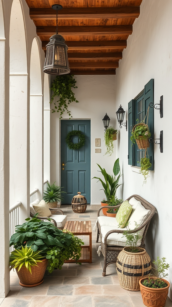 A cozy porch with plants and comfortable seating.