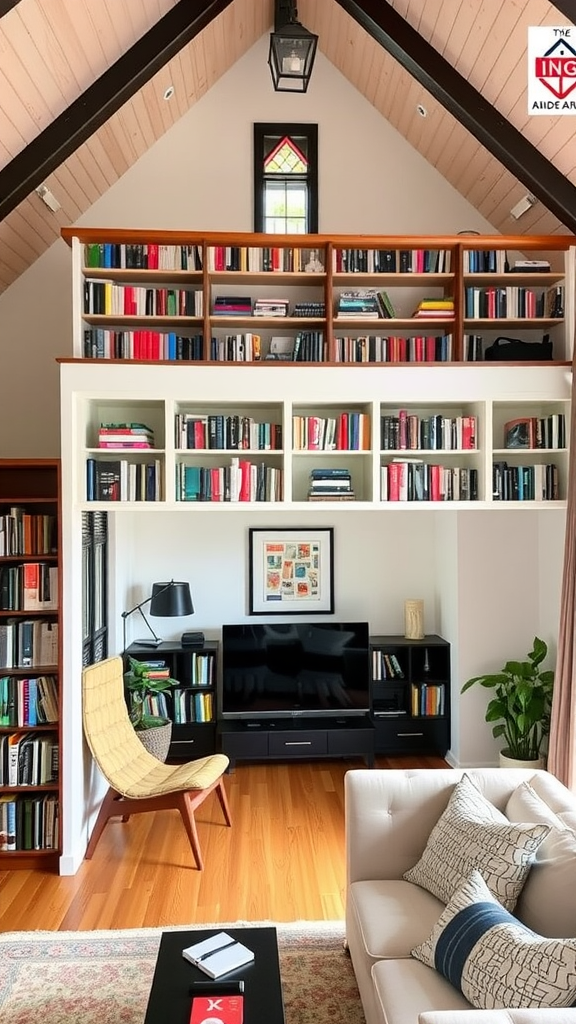 Cozy reading loft with bookshelves above a living room featuring a comfortable sofa and armchair.