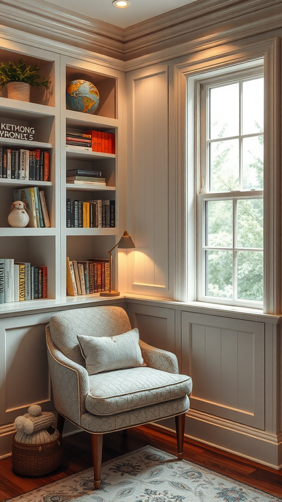 Cozy reading nook featuring built-in shelves filled with books and a comfortable chair.