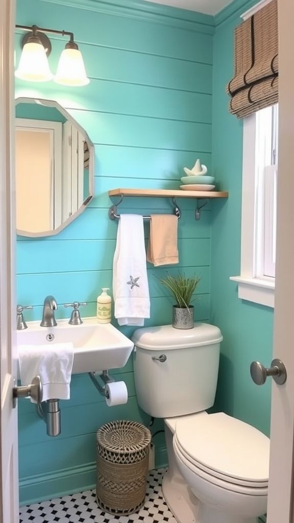 Aqua bathroom with a sink, toilet, and stylish decor.