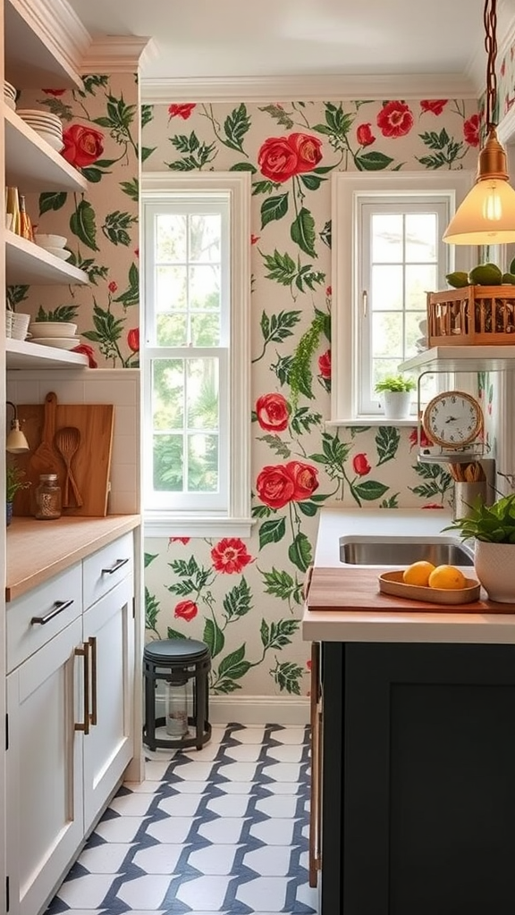 A bright kitchen featuring removable floral wallpaper, showcasing roses and green leaves.