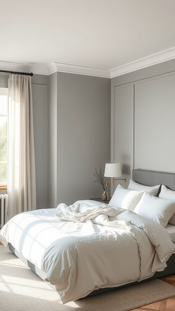 Cozy bedroom with Repose Gray walls, white bedding, and natural light.