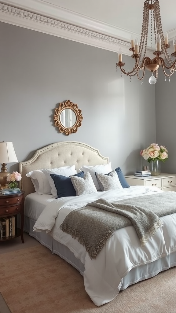 A cozy bedroom with Repose Gray walls, featuring a bed with light bedding and a chandelier.