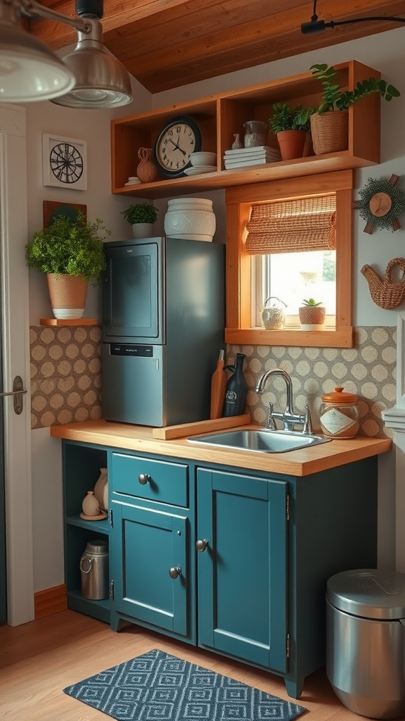 A cozy kitchen corner featuring a teal cabinet with a wooden countertop, showcasing plants, kitchenware, and a window.