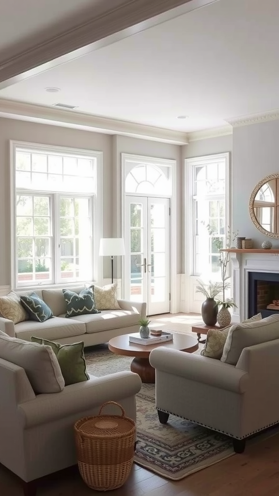 A cozy living room featuring light gray walls, comfortable sofas, and abundant natural light.