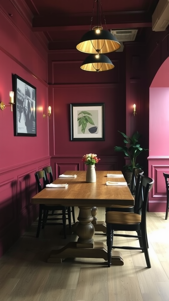 A cozy dining area featuring rich burgundy walls, a wooden table, and stylish light fixtures.