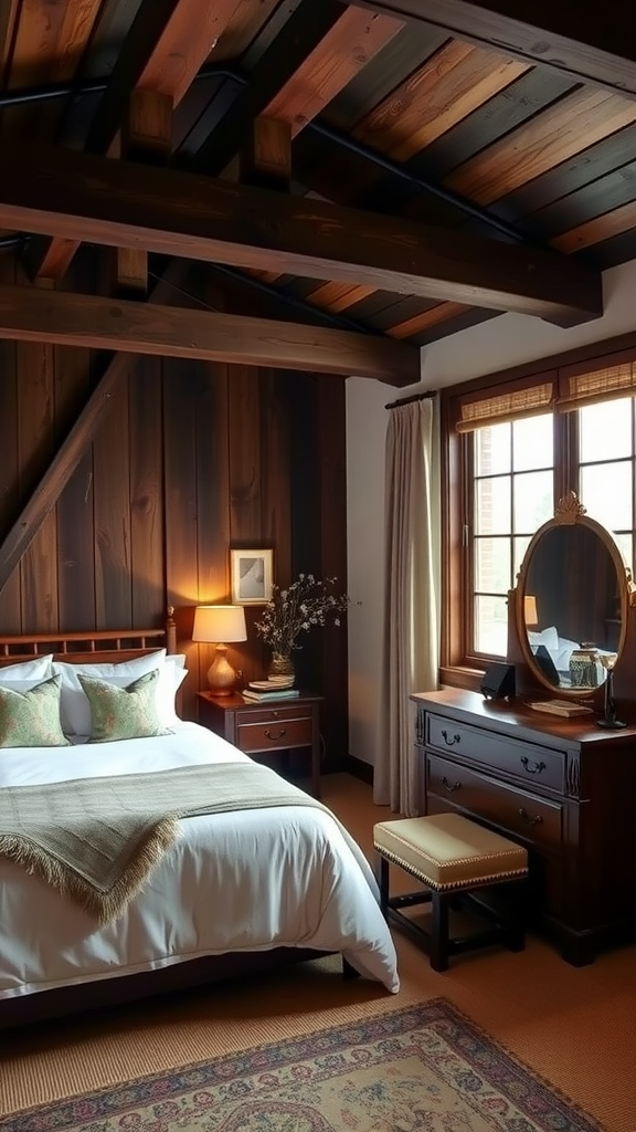 A cozy bedroom showcasing dark wooden walls and ceiling beams with a modern bed and fluffy cushions.