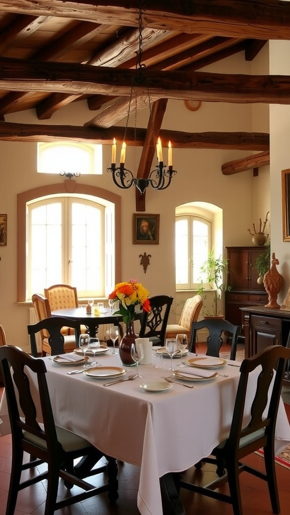 A cozy dining room with wooden beams, a chandelier, and a beautifully set table with flowers.