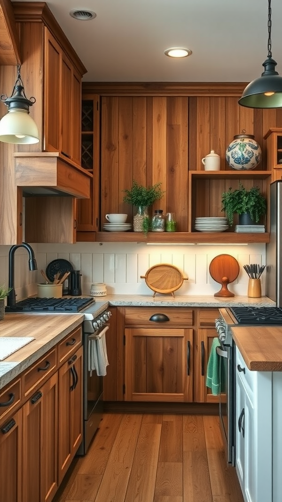 Rustic farmhouse kitchen with wooden cabinets and cozy decor