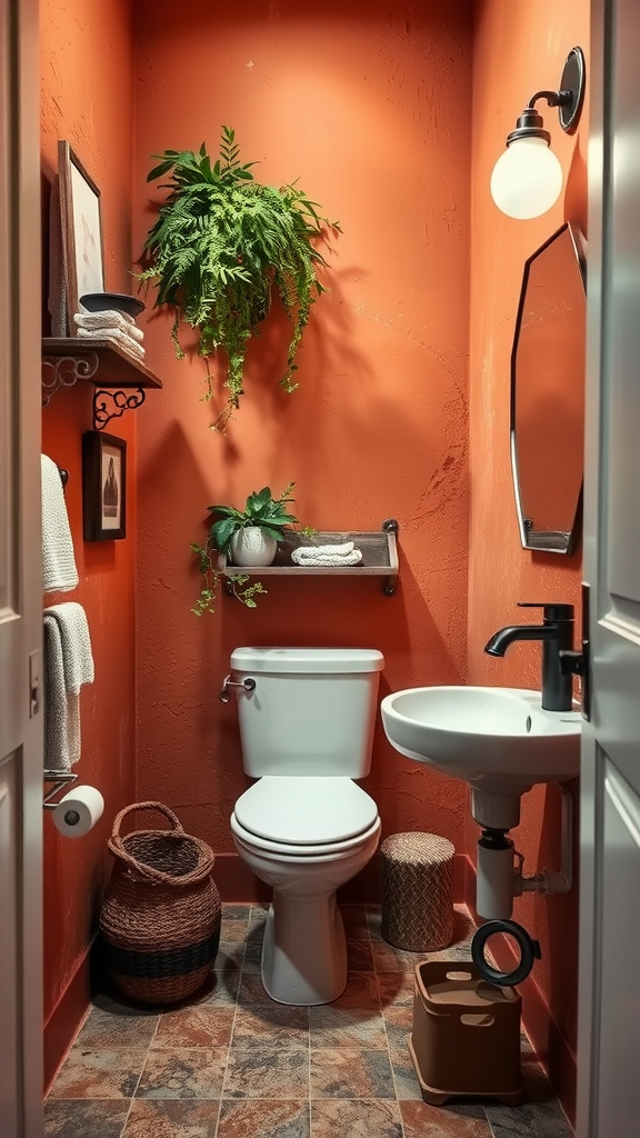 Cozy bathroom with terracotta walls and plants