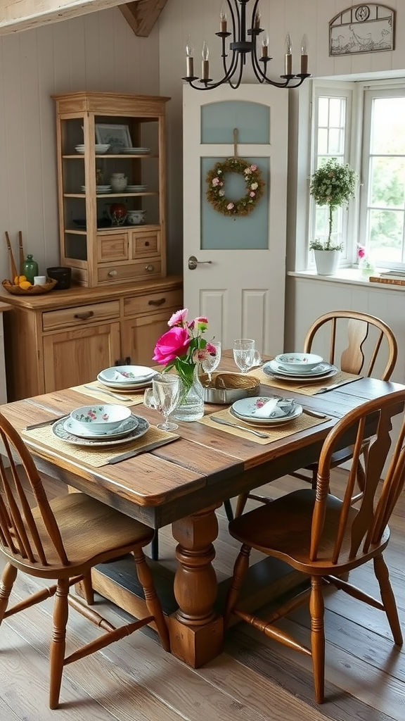 A rustic wooden dining table set for a meal, surrounded by wooden chairs in a cozy dining area.