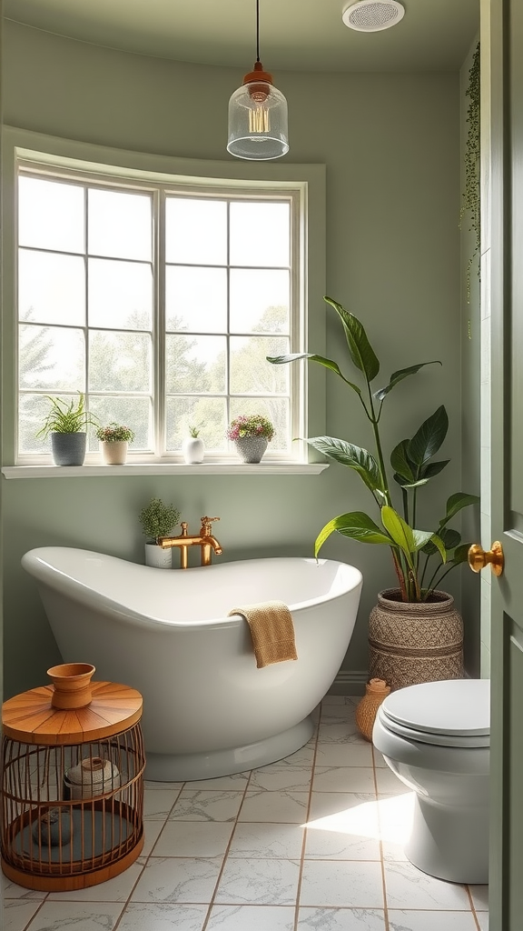 A beautifully designed bathroom featuring sage green walls, a freestanding white bathtub, and plants for a fresh look.