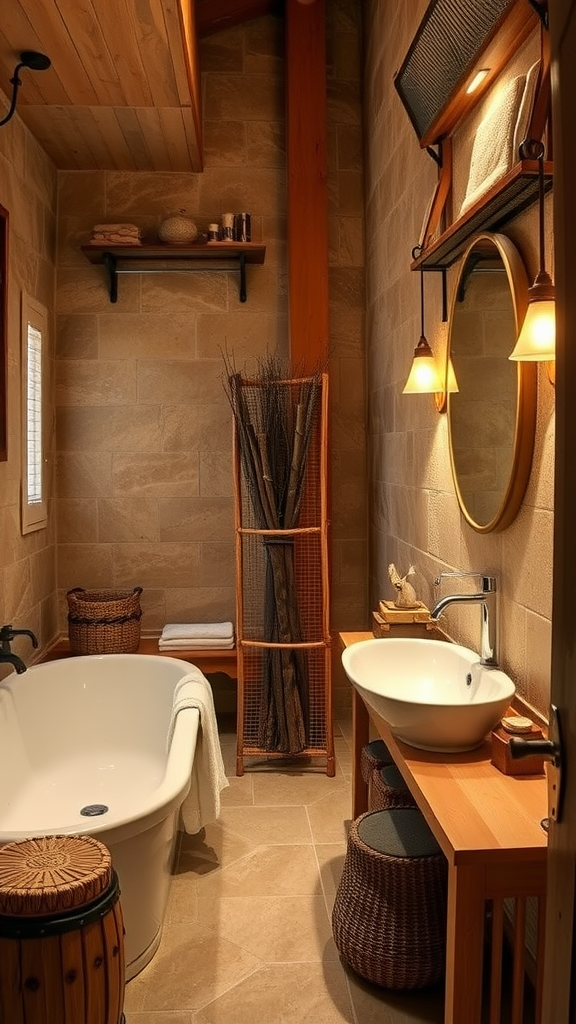 A cozy bathroom featuring sandstone walls, a freestanding bathtub, and warm lighting.