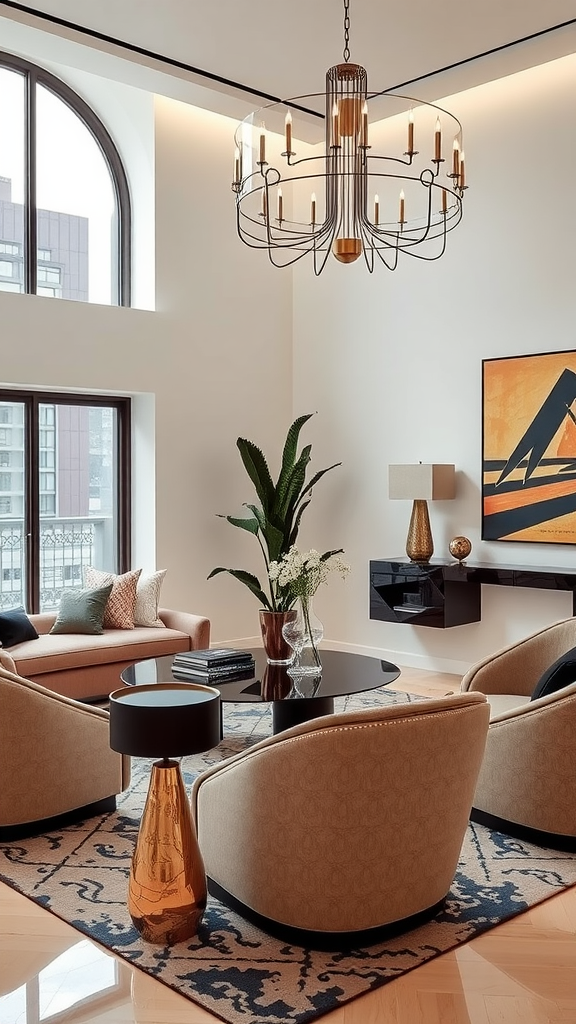 A modern living room featuring sculptural furniture, including rounded chairs, a sleek coffee table, and a stylish chandelier.