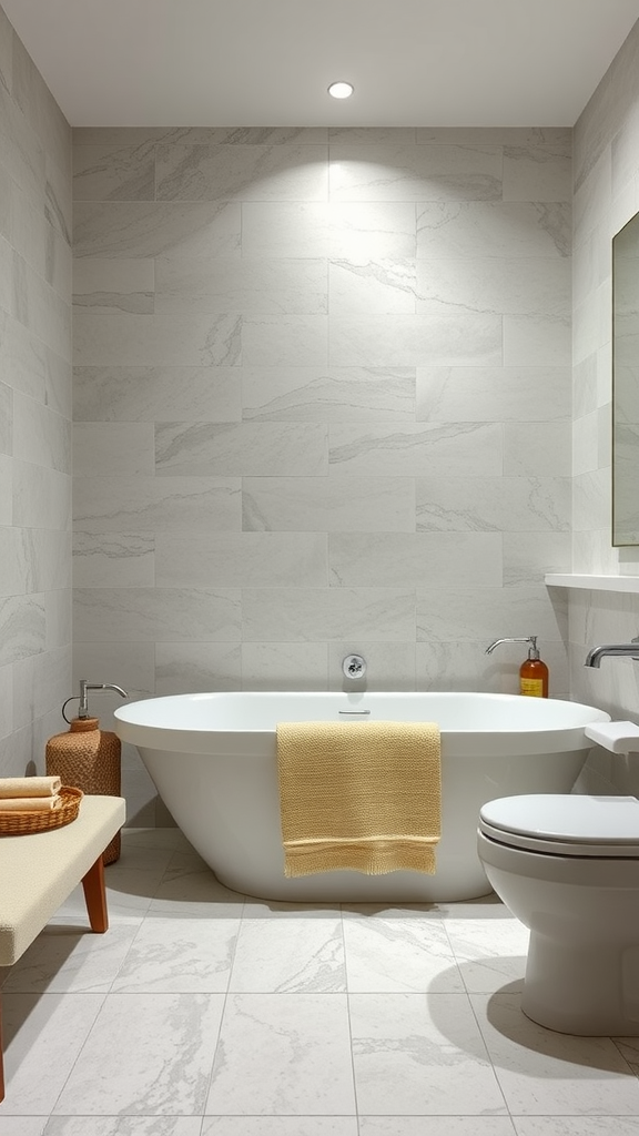 A modern bathroom with a freestanding bathtub and simple decor.