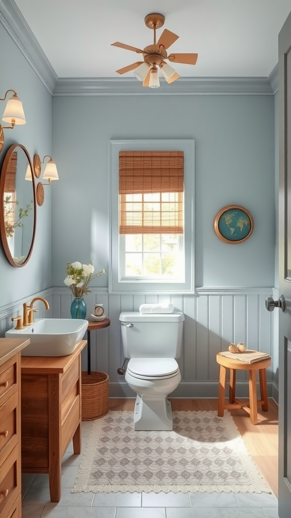 A cozy and well-decorated bathroom with light blue walls, wooden accents, and decorative elements.