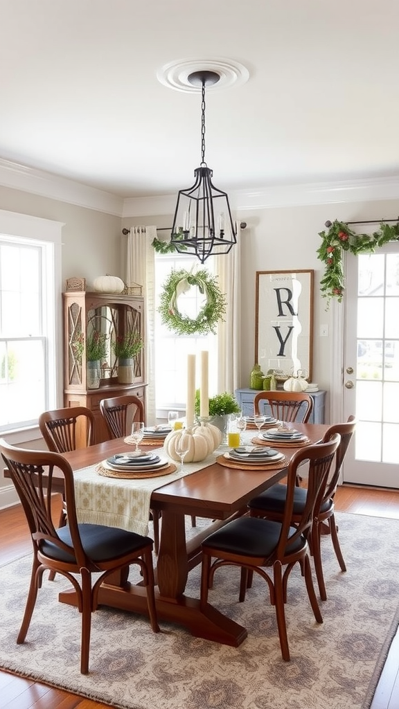 Cozy dining area decorated for fall with wooden table, white pumpkins, and greenery.