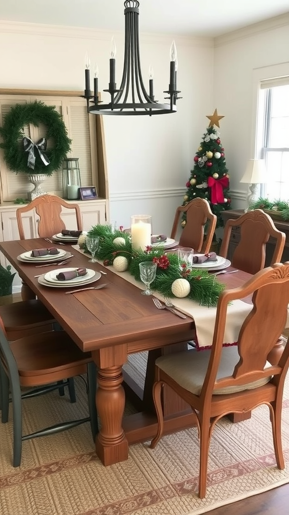 A beautifully decorated dining table for the holiday season with a candle centerpiece, festive greenery, and a Christmas tree in the background.