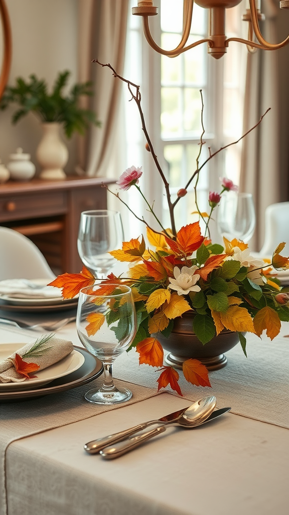 A beautifully set dining table featuring a fall-themed centerpiece with colorful leaves and flowers.