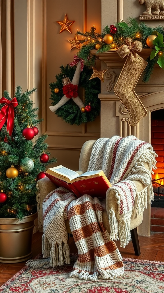 A cozy reading nook with a Christmas tree, decorated mantle, and a comfortable chair with a blanket and an open book.