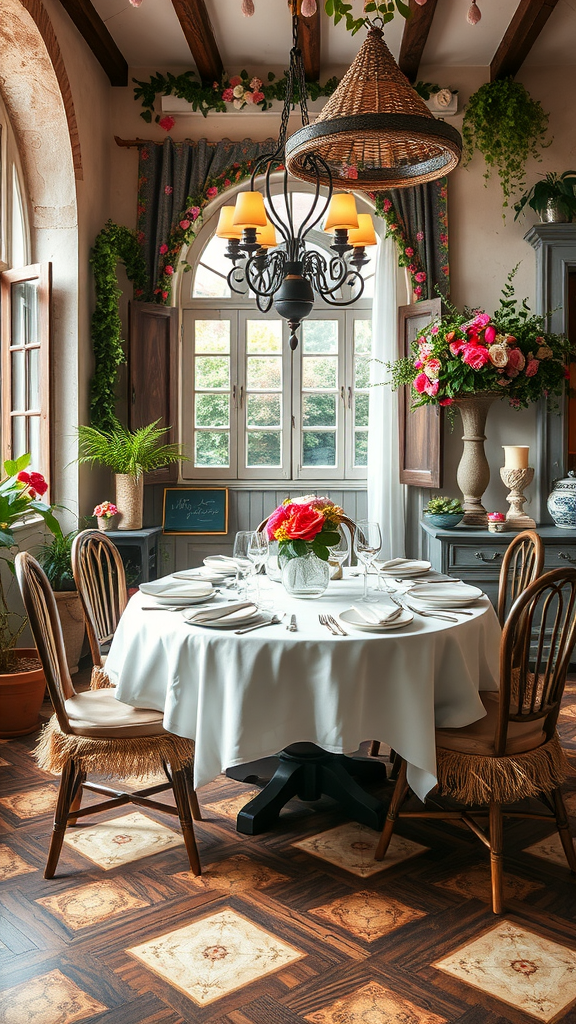 A cozy dining area decorated with flowers and greenery, featuring a round table set for a meal.