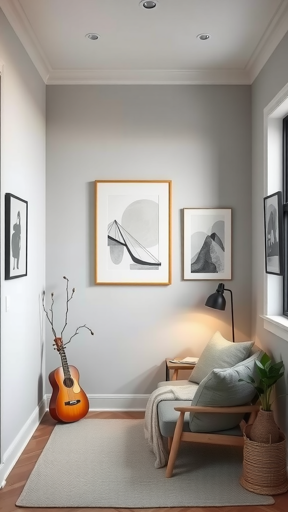 Cozy corner of a room featuring light gray walls, a comfortable chair, guitar, and minimalist artwork.