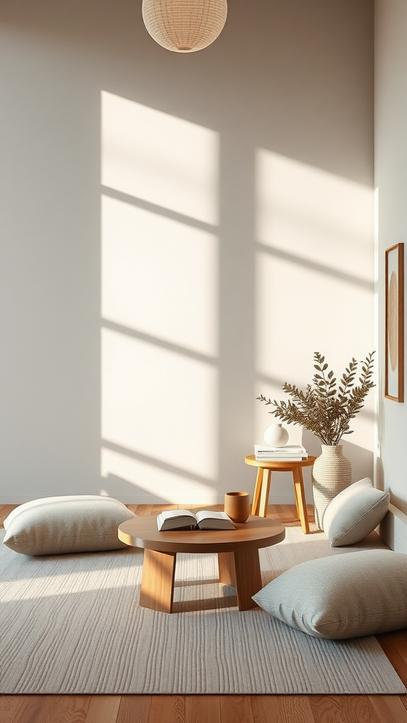 A serene reading area with a low table, cushions, and natural light.