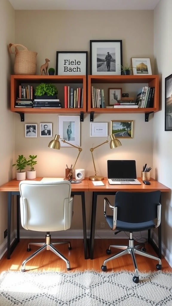 Cozy shared office setup with two desks, stylish chairs, and decorative shelving.