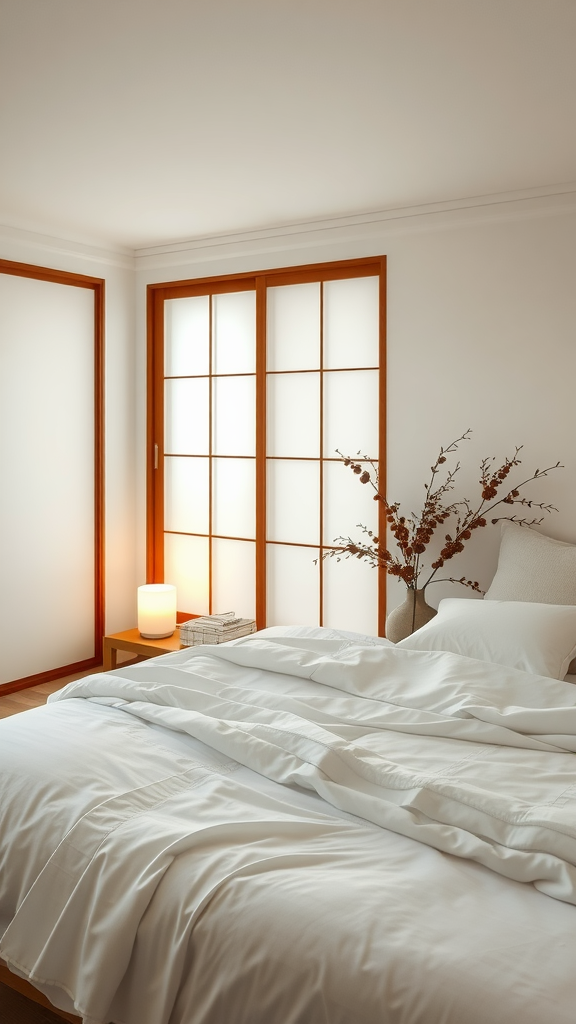 A cozy bedroom featuring Shoji White walls, wooden accents, and soft bedding.