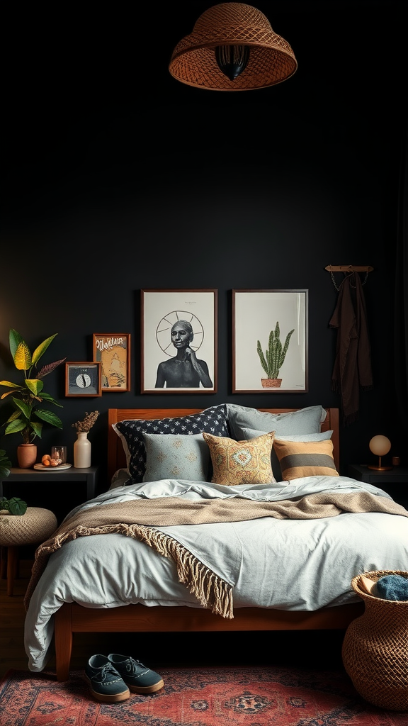 A dark boho bedroom featuring earthy tones, layered bedding, and eclectic artwork.