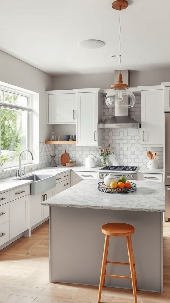 A modern kitchen featuring a marble countertop, white cabinets, and a cozy atmosphere.