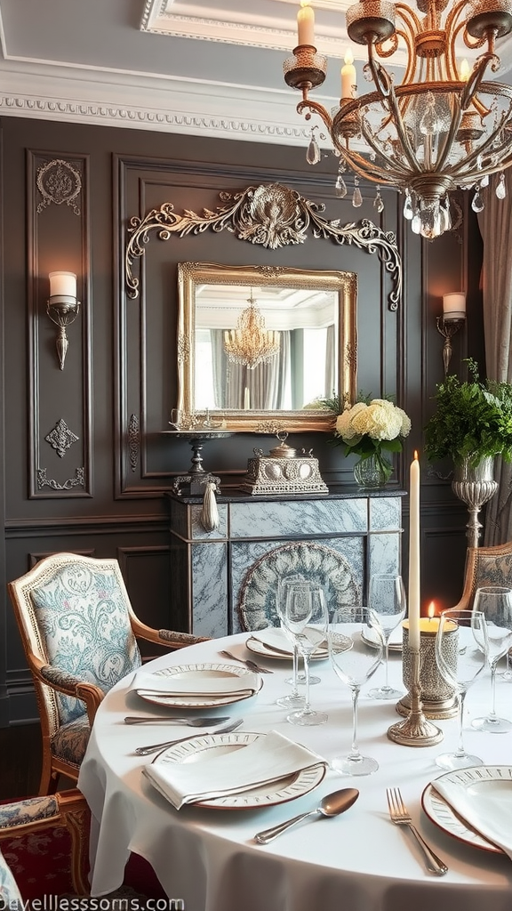 A beautifully set dining table with silverplate dishes and elegant decor.