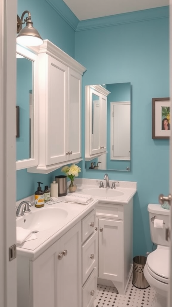 Bright bathroom with sky blue walls and white furniture.